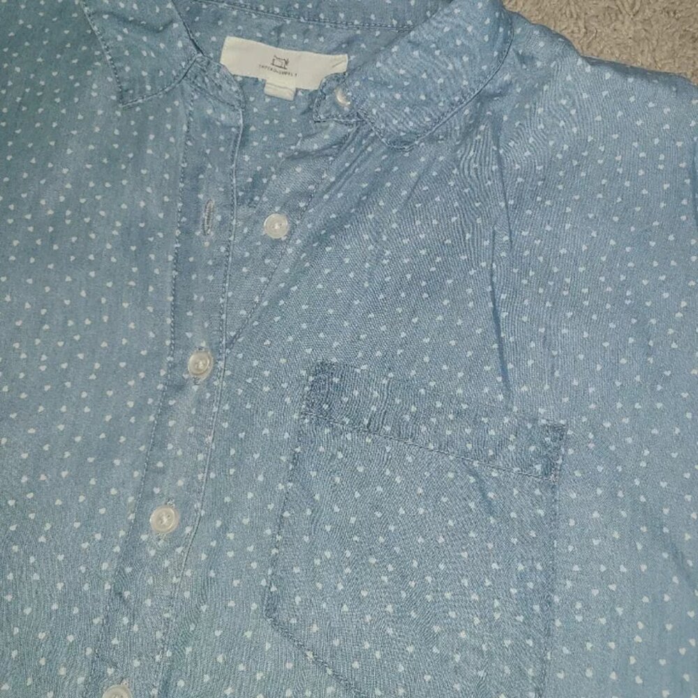 Printed Hearts Denim Button Up Top Chambray - image 5